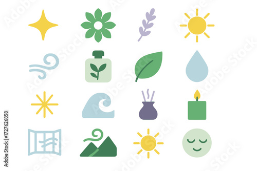 Freshness Icon Set. Freshness symbols set of icons in abstract flat : sparkle, flower, lavender sprig, sunshine, breeze swirl, fragrance bottle, leaf