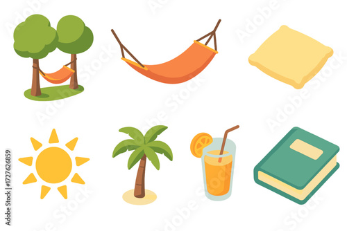 Isometric Hammock Icons. Relaxing hammock icons set icons in modern isometric flat : hammock between trees, swinging hammock, person resting, pillow,