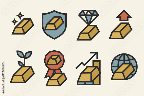 Gold Bar Icons. Concepts set of icons in abstract flat : wealth gold bar, secure gold bar, luxury gold bar, investment gold bar, prosperity gold bar,