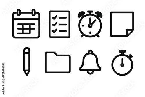 Planner Essentials Icons. Planner basics icons in outline style: calendar page, checklist, alarm clock, sticky note, pencil, folder, reminder bell,
