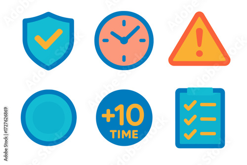 Modern Safety Icons. Safety window in modern flat vector : shield, clock, warning triangle, buffer zone circle, extra time badge, checklist