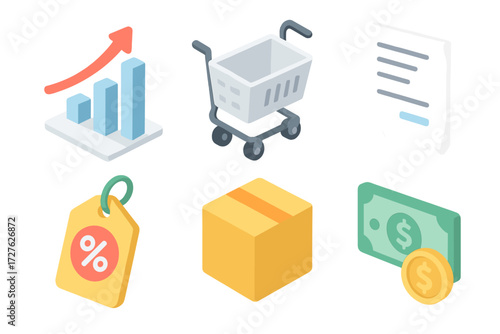 E-commerce Icon Set. E-commerce set icons in modern isometric flat : quarterly growth, shopping cart, receipt, discount tag, package, cash gain