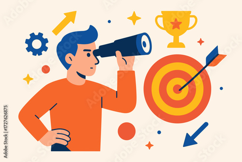 Focused Precision. Concepts in modern flat vector : focus, goal, precision, success, achievement, ambition, direction, accuracy