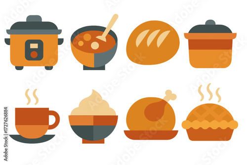 Comfort Food Icons. Comfort food set of icons in abstract flat : slow cooker, stew bowl, bread loaf, casserole dish, hot cup, mashed potatoes, roast