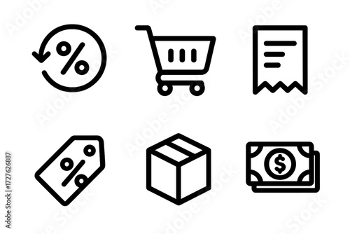 E-commerce Outline Icons. E-commerce icons in outline style: interest shift, shopping cart, receipt, discount tag, package, cash gain
