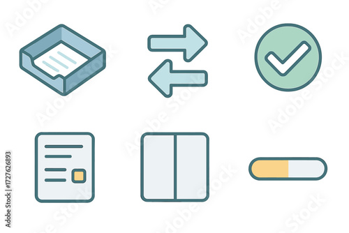 Isometric Workflow Icons. Workflow stages set icons in modern isometric flat : backlog tray, in-progress arrows, done checkmark, task card, swimlane