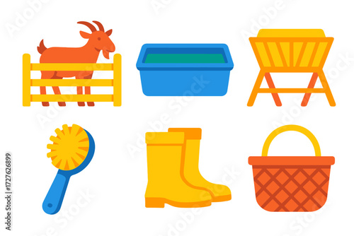 Farm Animal Care Icons. Animal care in modern flat vector : goat pen, water trough, feeder, brush, boots, basket