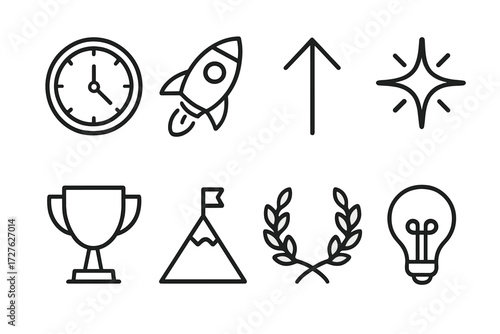 Motivation Icons Set. Motivation icons icons in outline style: deadline clock, rocket, upward arrow, spark, trophy, mountain peak, laurel wreath,
