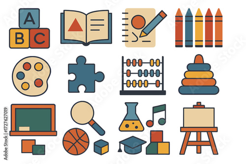 Colorful Learning Icons. Learning tools set of icons in abstract flat : alphabet blocks, storybook, drawing pad, crayons, paint palette, puzzle piece