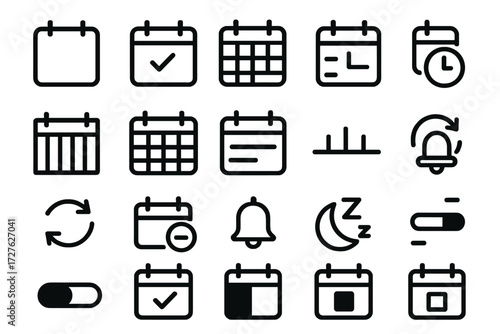 Calendar Management Icons. Calendar management icons in outline style: blank calendar, marked block, schedule grid, clock, weekly layout, monthly