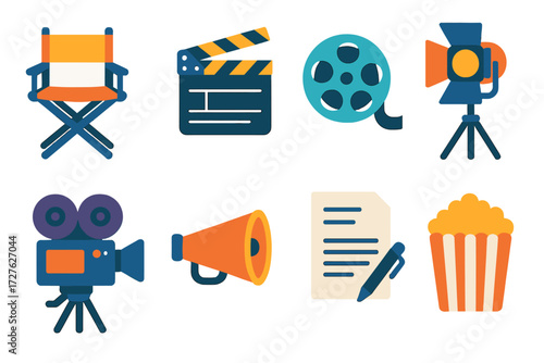 Film Production Icons. Film production in modern flat vector : director seat, clapperboard, film reel, spotlight, camera, megaphone, script, popcorn
