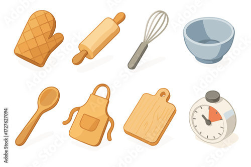 Cooking Essentials Icons. Cooking essentials set set icons in modern isometric flat : oven mitt, rolling pin, whisk, mixing bowl, wooden spoon, apron,