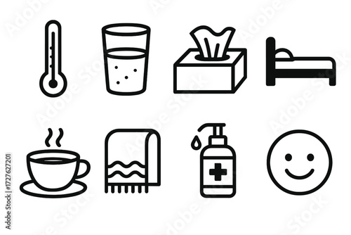 Home Health Icons. Home health icons in outline style: thermometer, water glass, tissue box, bed, tea cup, blanket, sanitizer, smiling face.