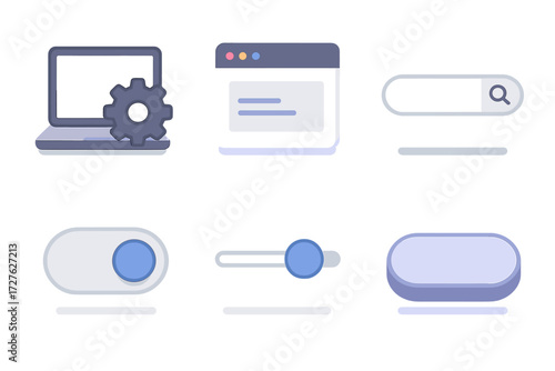 Isometric Workflow Icons. Digital workflow set icons in modern isometric flat : device setup, app window, search bar, toggle switch, slider, button
