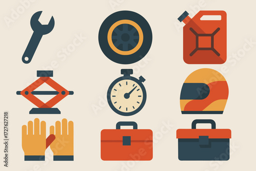Tools Icons. Objects set of icons in abstract flat : wrench, tire, fuel can, helmet, jack, stopwatch, gloves, toolbox