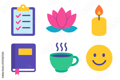 Minimalist Self Care Icons. Self care in modern flat vector : wellbeing plan, lotus flower, candle, journal, cup of tea, smile face
