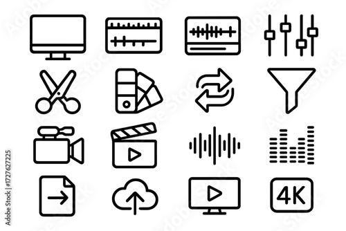 Editing Tools Icons. Editing tools icons in outline style: computer monitor, editing timeline, audio track, mixing console, scissors, color palette,