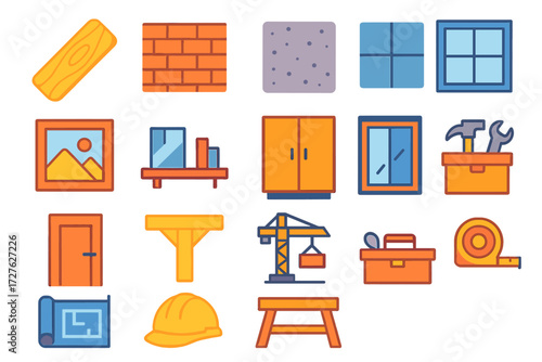 Construction Icons Set. Work scenes in modern flat vector : wooden plank, brick wall, concrete floor, tile surface, picture frame, shelf, cabinet,