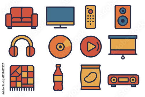 Home Theater Essentials. Home theater set of icons in abstract flat : sofa, TV screen, remote control, speaker, headphones, DVD, streaming icon,