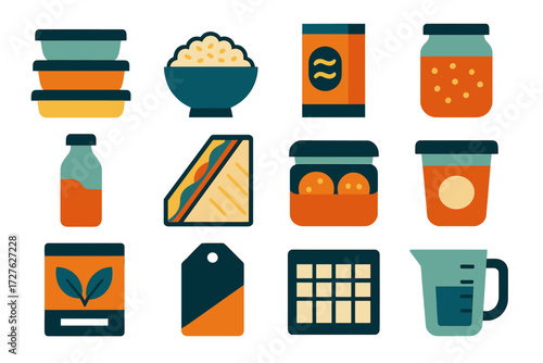 Fridge Meal Prep Icons. Meal prep fridge shelf set of icons in abstract flat : stackable containers, cooked rice bowl, pasta box, soup jar, smoothie
