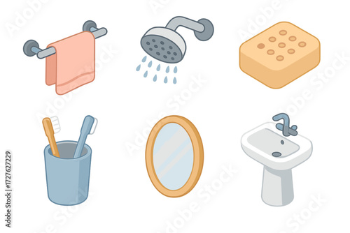 Bathroom Essentials Icons. Bathroom essentials set icons in modern isometric flat : towel rack, shower head, soap bar, toothbrush cup, mirror, sink