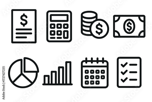 Financial Planning Icons. Financial planning icons in outline style: budget sheet, calculator, coin stack, dollar bill, pie chart, bar graph,