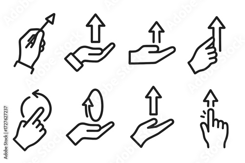 Hand Gestures with Arrows. Gestures icons in outline style: hand drawing upward arrow, hand holding arrow, hand pushing arrow up, hand pointing along