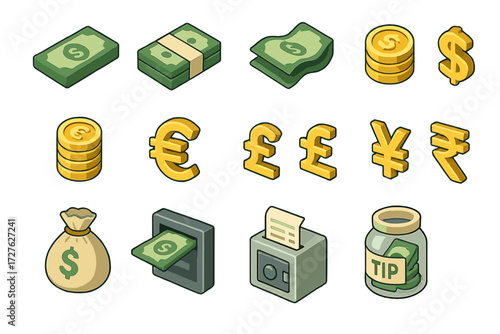 Isometric Cash Icons. Cash symbols set icons in modern isometric flat : paper bill, stack of bills, folded money, coin, coin stack, dollar sign, euro