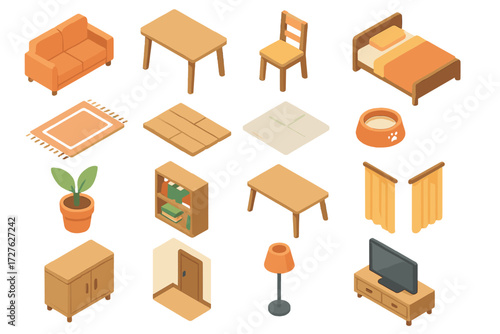 Modern Home Icons. Home setup set icons in modern isometric flat : sofa, dining table, chair, bed, carpet, hardwood floor, tile floor, pet bowl, plant