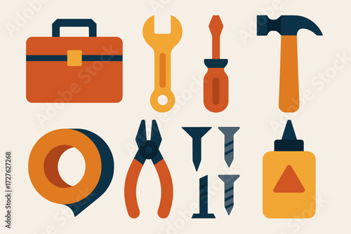 Tool Icons. Objects set of icons in abstract flat : toolbox, wrench, screwdriver, hammer, pliers, tape roll, nails and screws, glue bottle