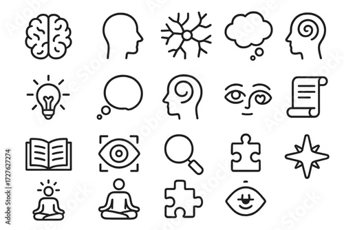Mind Symbols Icons. Mind symbols icons in outline style: brain, head profile, neurons, thought bubble, idea lightbulb, dream bubble, imagination