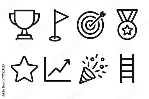 Motivational Icon Set. Motivational tracking icons in outline style: trophy, milestone flag, target bullseye, medal, star, rising chart, confetti