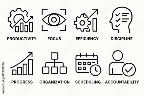 Productivity Icons. Concepts icons in outline style: productivity, focus, efficiency, discipline, progress, organization, scheduling, accountability