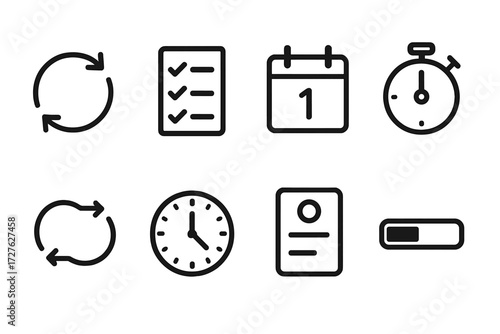 Task Cycle Icon Set. Task cycle icons in outline style: circular arrows, checklist, calendar date, stopwatch, repeat loop, clock face, task card,