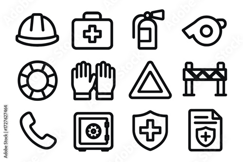 Safety Equipment Icons. Protective role icons in outline style: safety helmet, first aid kit, fire extinguisher, whistle, lifebuoy, gloves, warning