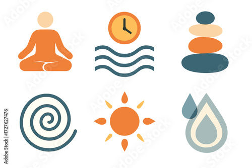 Mindful Icon Set. Mindful countdown set of icons in abstract flat : meditation pose, calm waves with clock, balanced stones, candle flame, spiral