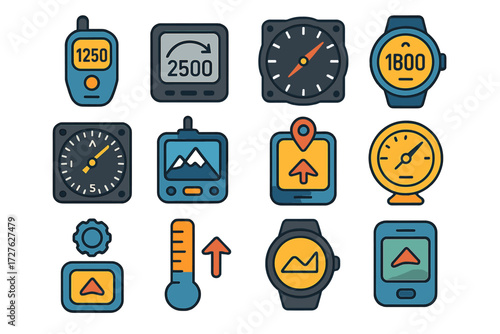 Altimeter Icons Collection. Device basics in modern flat vector : handheld altimeter, digital altimeter, analog altimeter, wristwatch altimeter,