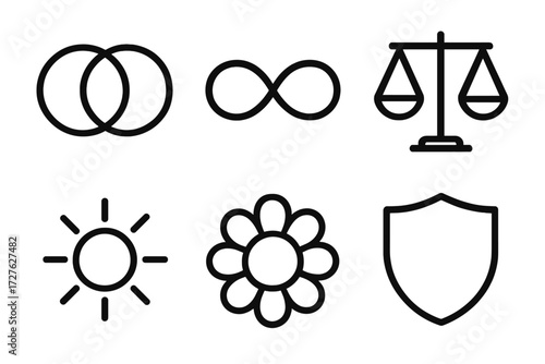 Symbolic Icon Set. Symbolic icons icons in outline style: unity ring, infinity loop, balanced scale, sun, flower, shield