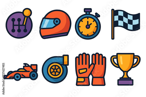 Racing Icons Collection. Racing icons in modern flat vector : gear shift, race helmet, stopwatch, checkered flag, race car, turbo boost, gloves,