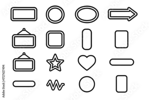 Neon Sign Icons. Sign basics icons in outline style: rectangular neon sign, round neon sign, oval neon sign, arrow neon sign, hanging neon frame,