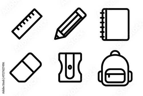 School Supply Icons. School supplies icons in outline style: yardstick, pencil, notebook, eraser, sharpener, backpack