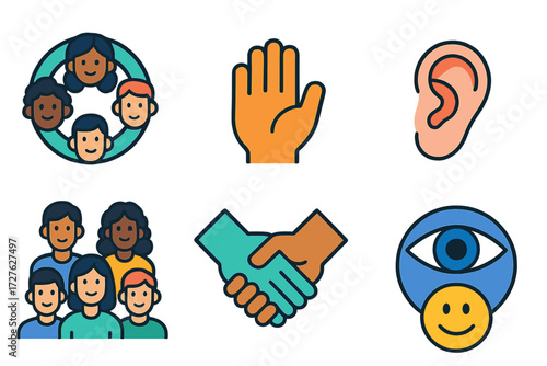 Diverse Unity Icons. Trust and respect in modern flat vector : diverse people circle, raised hand, listening ear, eye focus, unity circle, group