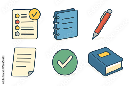 Modern Education Icons. Education set set icons in modern isometric flat : scorecard, notebook, red pen, paper sheet, checkmark, book