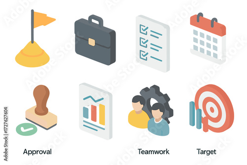 Work Success Icons. Work success set icons in modern isometric flat : goal flag, briefcase, checklist, calendar, approval stamp, report chart,