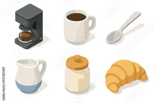 Morning Routine Icons. Morning routine set icons in modern isometric flat : coffee maker, mug, spoon, milk jug, sugar jar, croissant