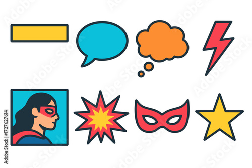 Vibrant Comic Elements. Comic storytelling in modern flat vector : narration box, comic frame, speech bubble, thought cloud, zap mark, explosion burst