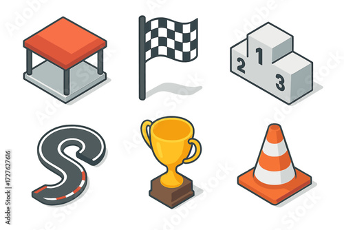 Motorsport Icons Collection. Motorsport icons set icons in modern isometric flat : paddock area, checkered flag, podium, trophy, track curve, cone