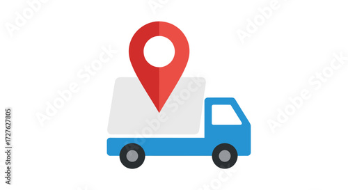 Blue Delivery Truck with Red Location Pin Icon.