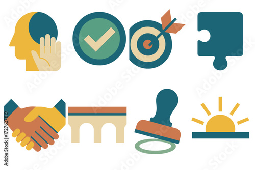 Problem Solved Icons. Problem solved set of icons in abstract flat : relief, checkmark, target dart, puzzle piece, handshake, bridge, approval stamp,