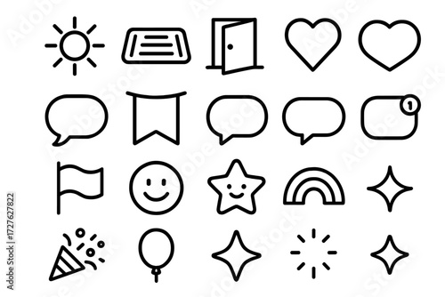 Greetings Icon Collection. Greetings icons in outline style: sun rays, welcome mat, open door, heart, hello speech bubble, welcome banner, chat